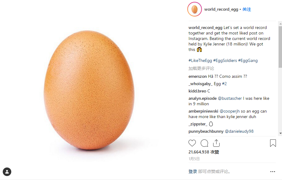 一张鸡蛋的照片点赞量飙升 有望成为Instagram上最受喜爱的图片