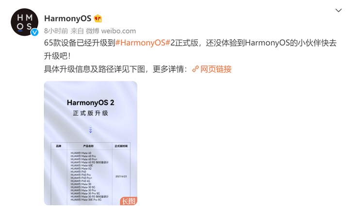 华为HarmonyOS 2适配进度公布：65款机型可升级正式版