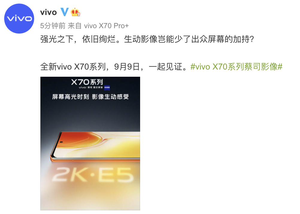 vivo  X70系列屏幕信息公布：搭载2K  E5屏