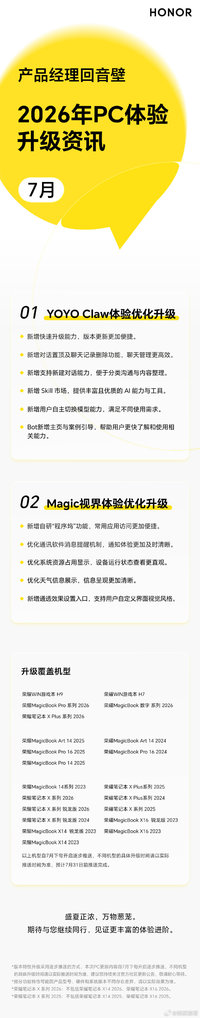 荣耀官方公布PC端的7月完整升级计划