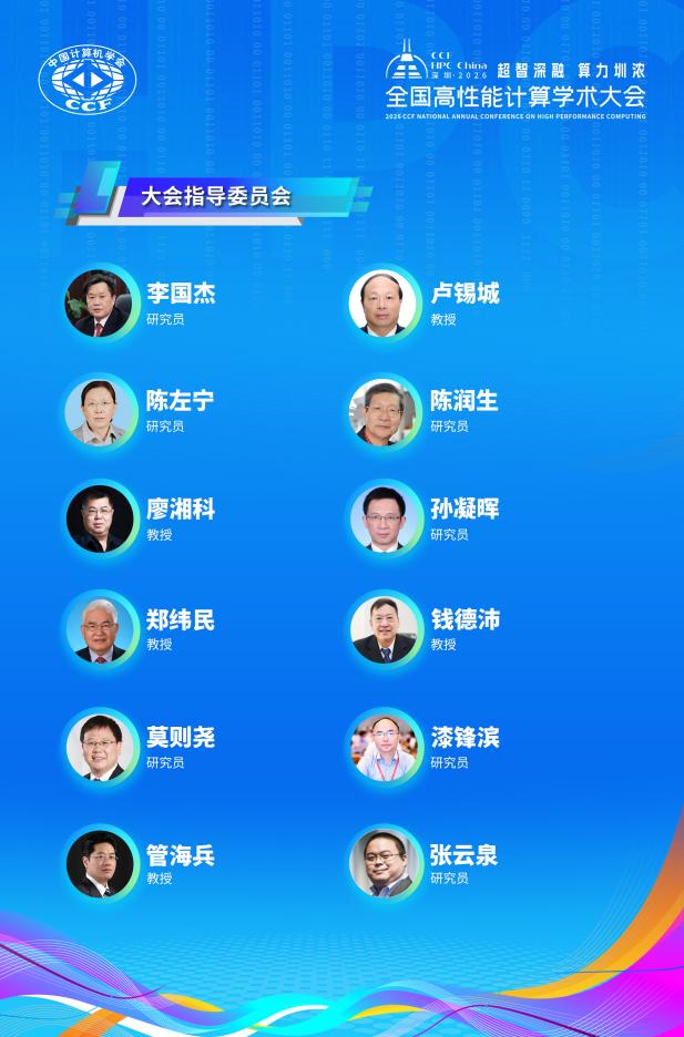 /Users/zhongzhuyou/Desktop/0720大会早鸟注册稿件及配图/图 4 2026 CCF 全国高性能计算学术大会指导委员会图.jpg图 4 2026 CCF 全国高性能计算学术大会指导委员会图