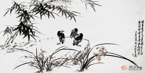 郑晓京四尺横幅写意水墨作品《兰竹八哥》(作品选自:易从网)