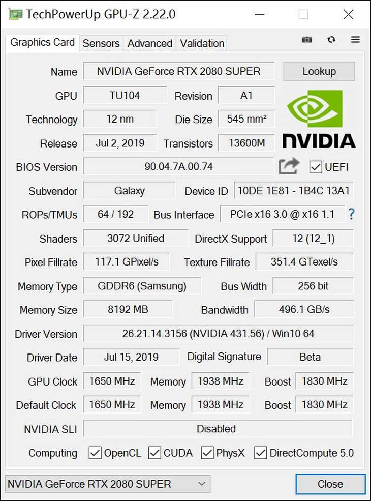 gpu-z测试平台参数对比频率方面得到提升,耕升rtx 2080 super g魂oc